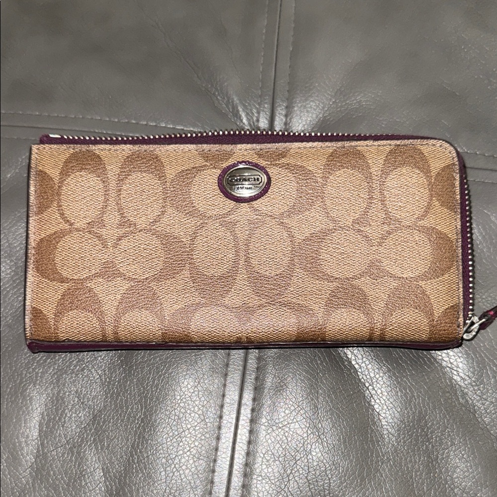 Coach Signature Tan and Purple Wallet